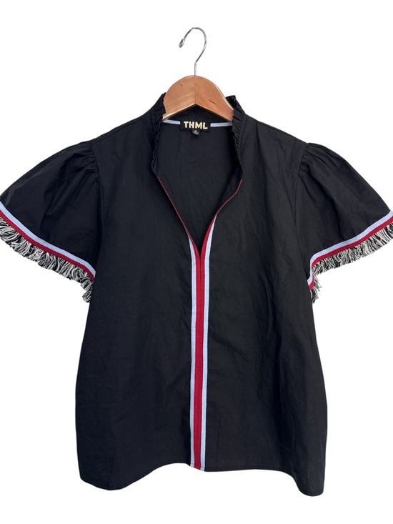 THML Tops - THML Black Short Sleeve Top with Fringe Sleeve Details